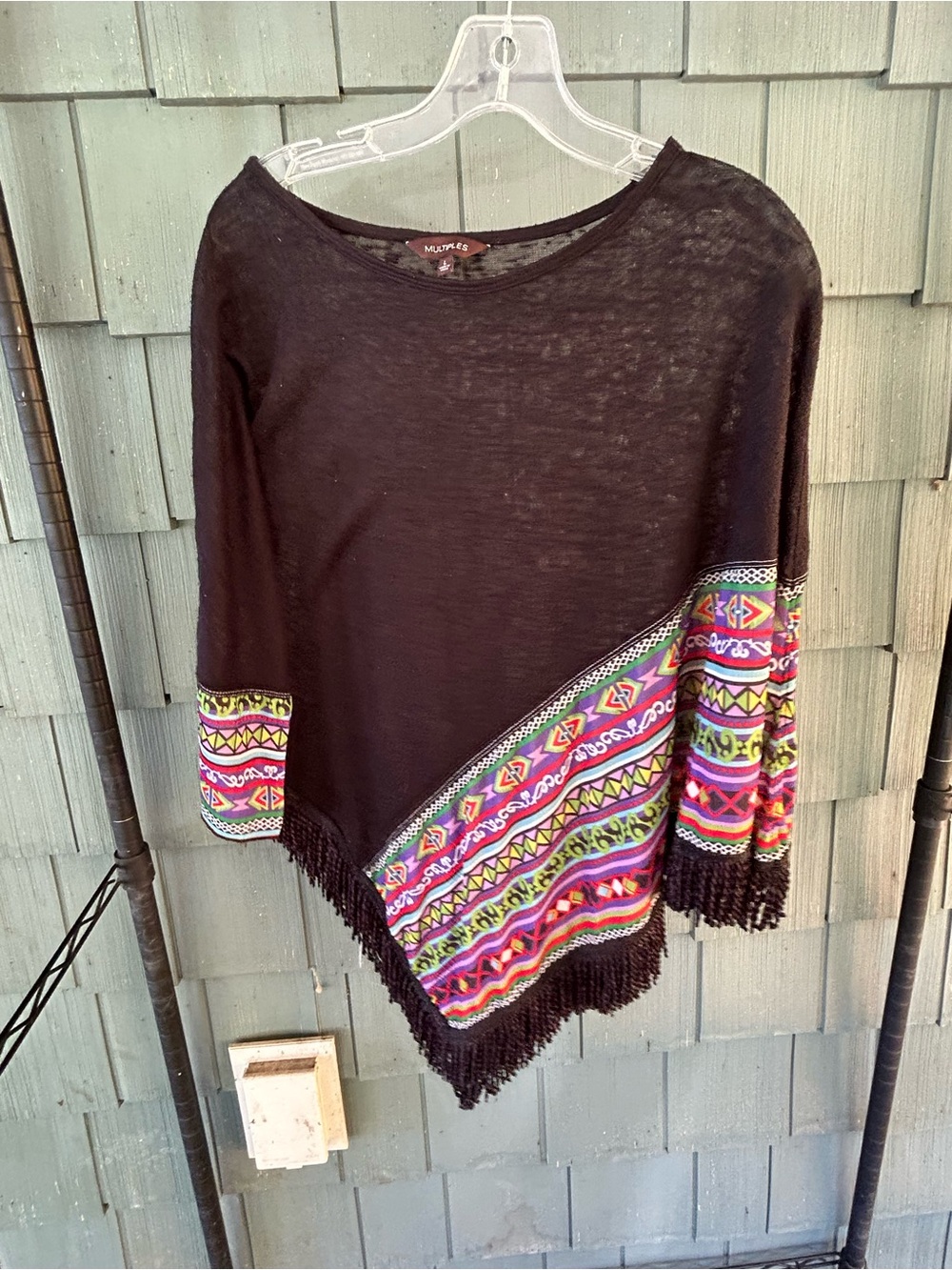 Multiples Black Women's Embroidered Fringe Sweater Poncho